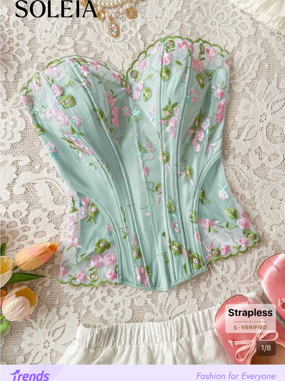 SHEIN Mint Green Strapless Floral Embroidered Corset